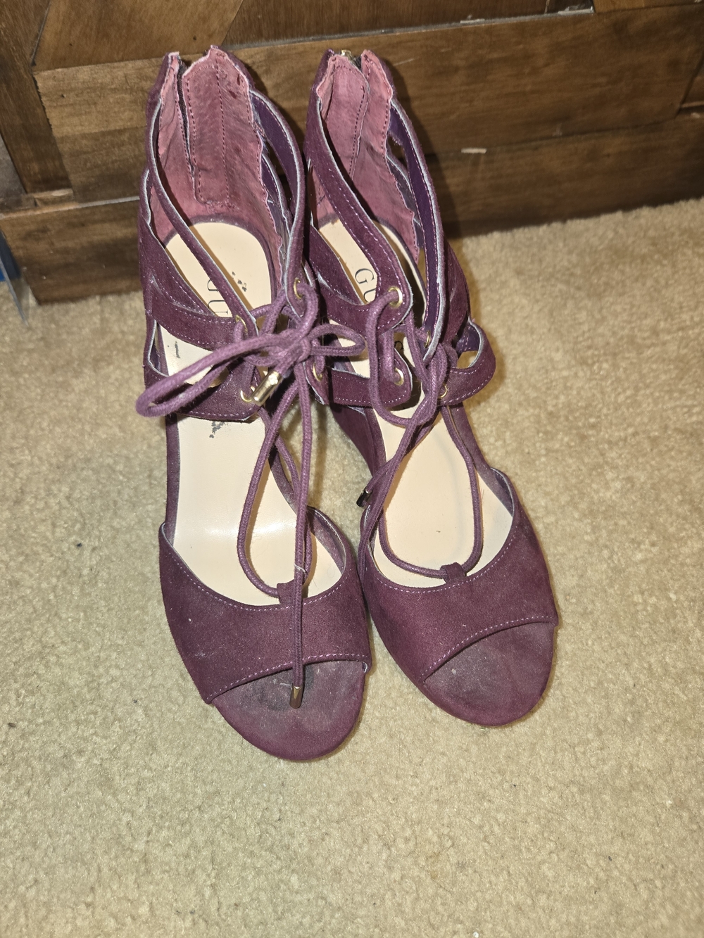 Guess Plum Suede Lace-Up Wedge Sandals